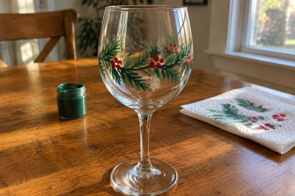 19 Easy Christmas Glass Cup Painting Ideas for Festive Drinkware Wine glass hand-painted with green pine branches and red berries on wooden table