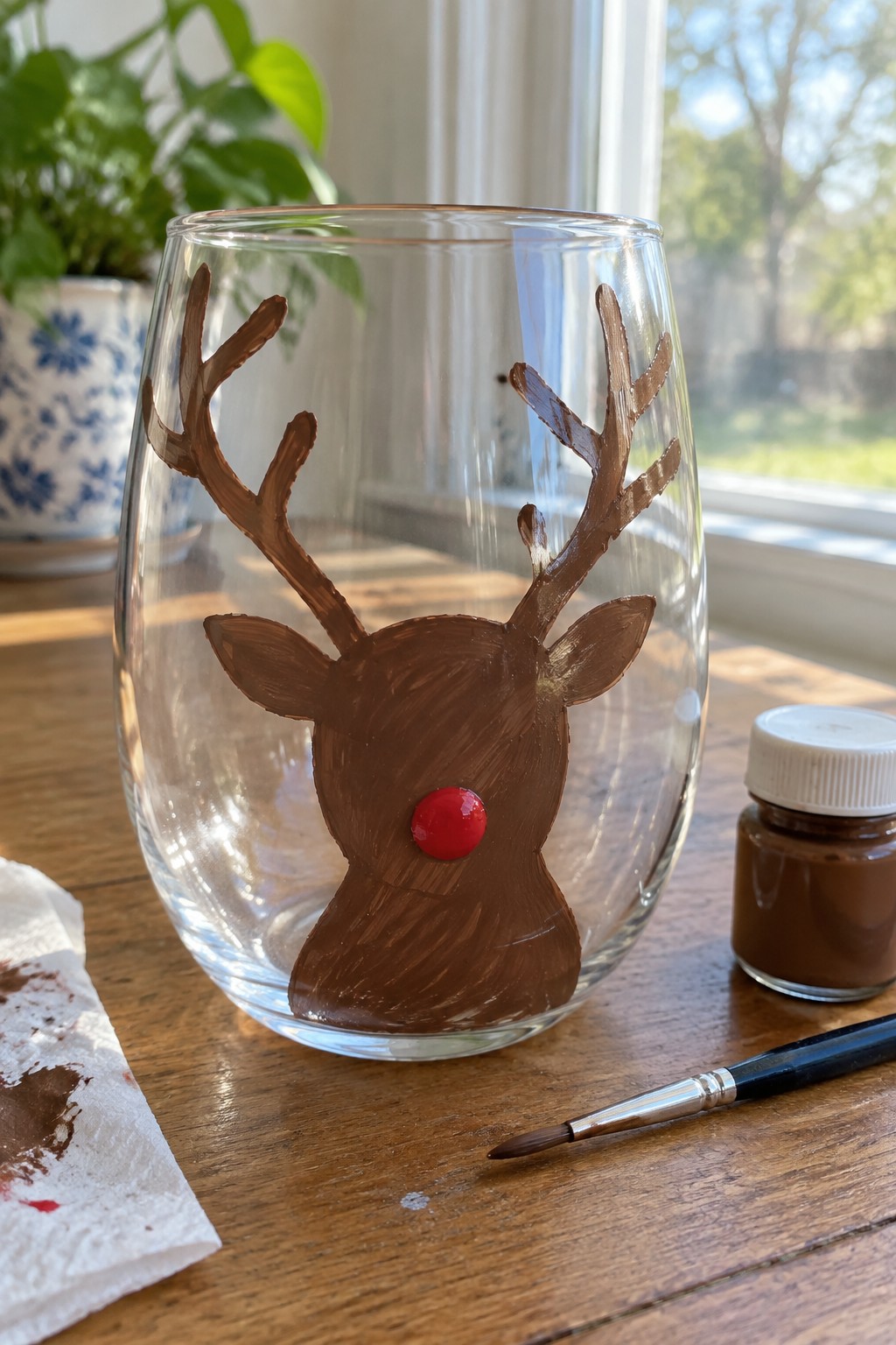 Stemless glass painted with brown reindeer head and red nose beside paint jar and brush