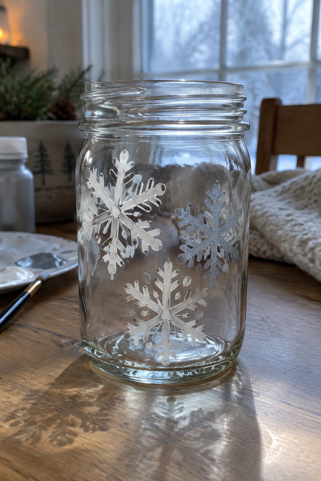 Clear glass mason jar with three white painted snowflakes on wooden table