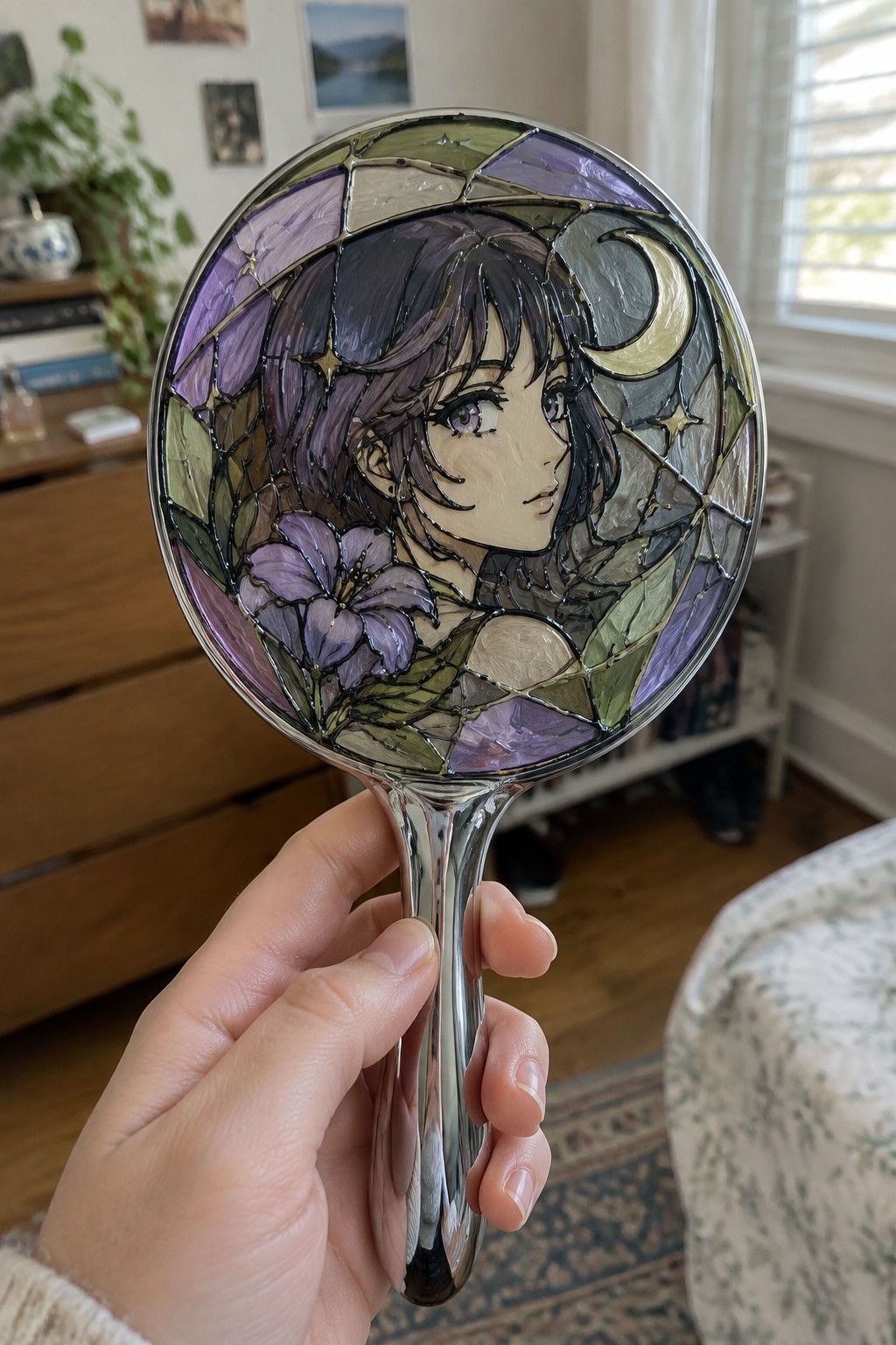A hand holds a round handheld mirror with a chrome handle, its surface painted in stained glass style showing an anime girl with purple flowers, a moon, and stars.