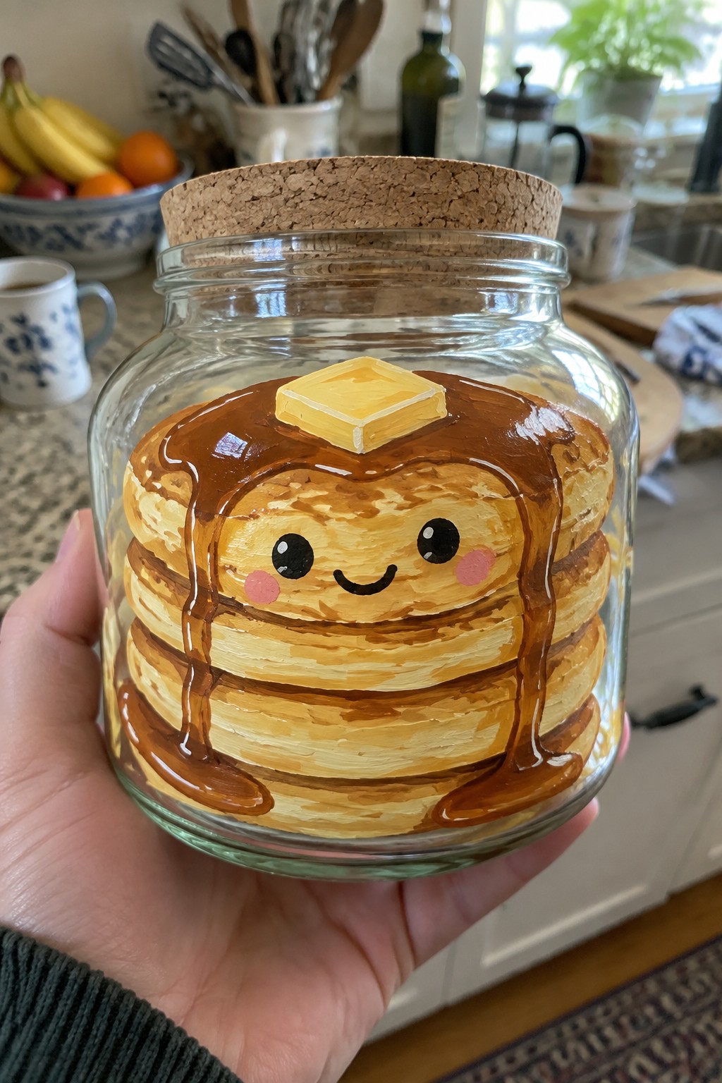Hand holding glass jar with cute painted pancake face, butter and syrup