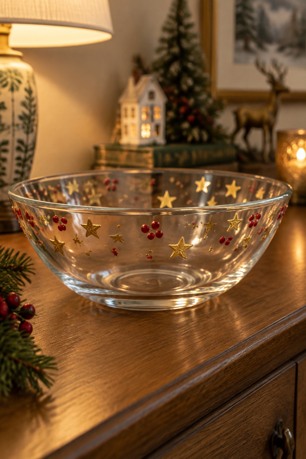 Decorative clear glass bowl with gold stars and red berries on wooden table