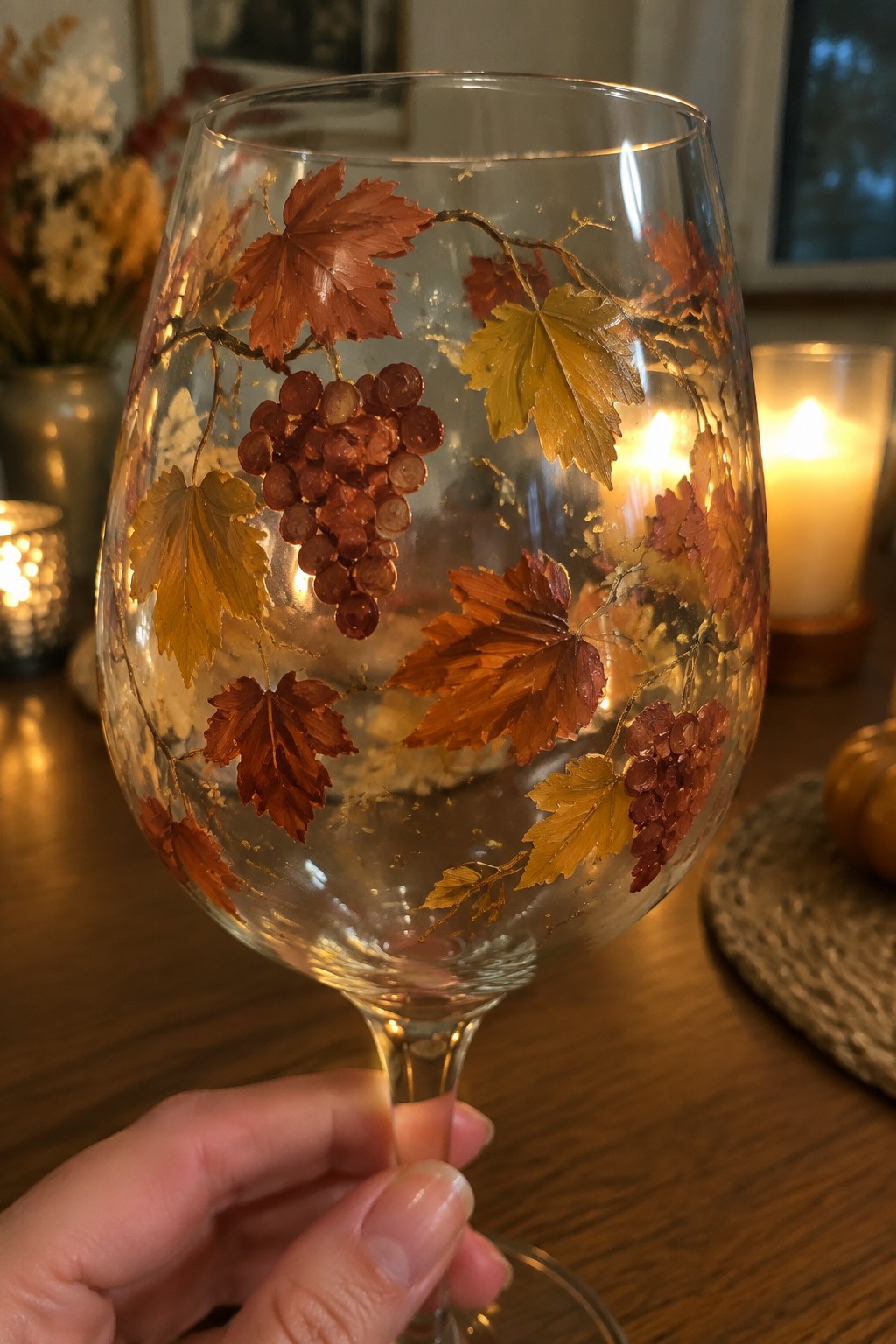 Hand holding wine glass with autumn leaves and grape clusters in warm light