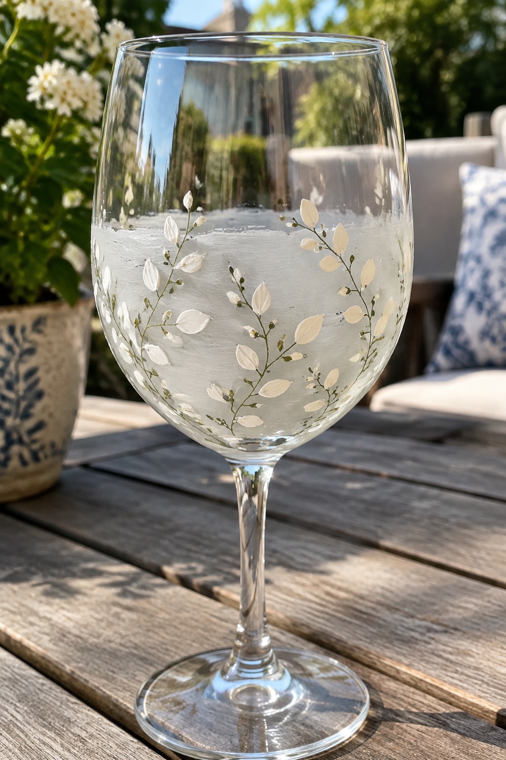 Wine glass with white leaf patterns on wooden outdoor table in sunlight