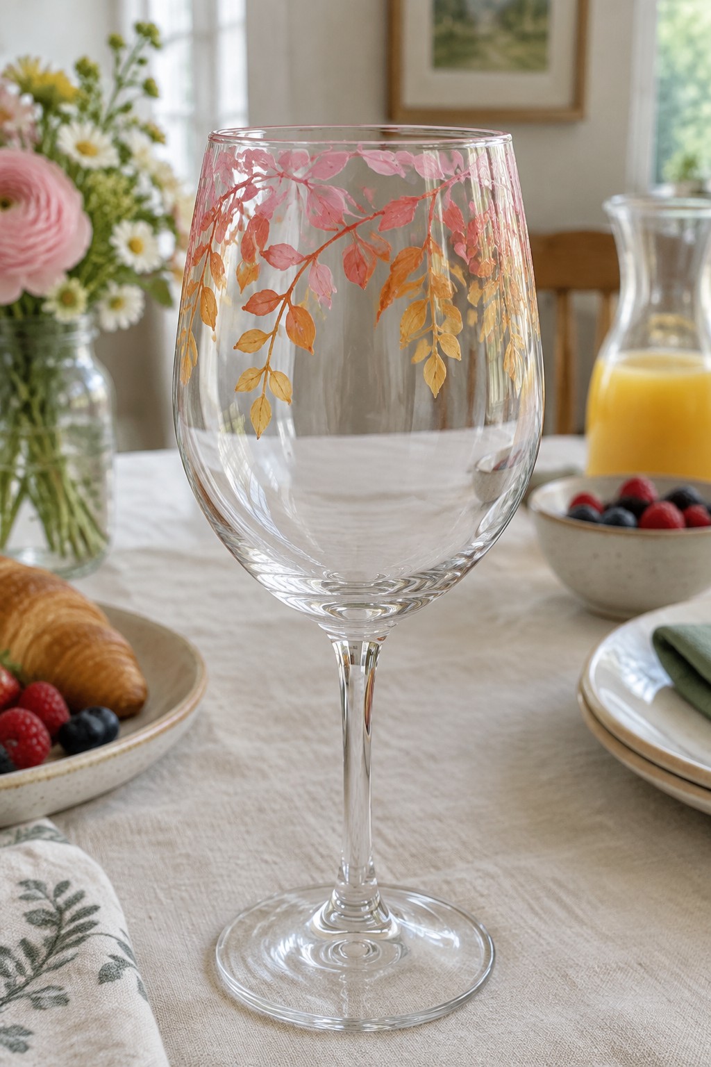 Decorated wine glass with pink orange leaves on breakfast table with berries and flowers