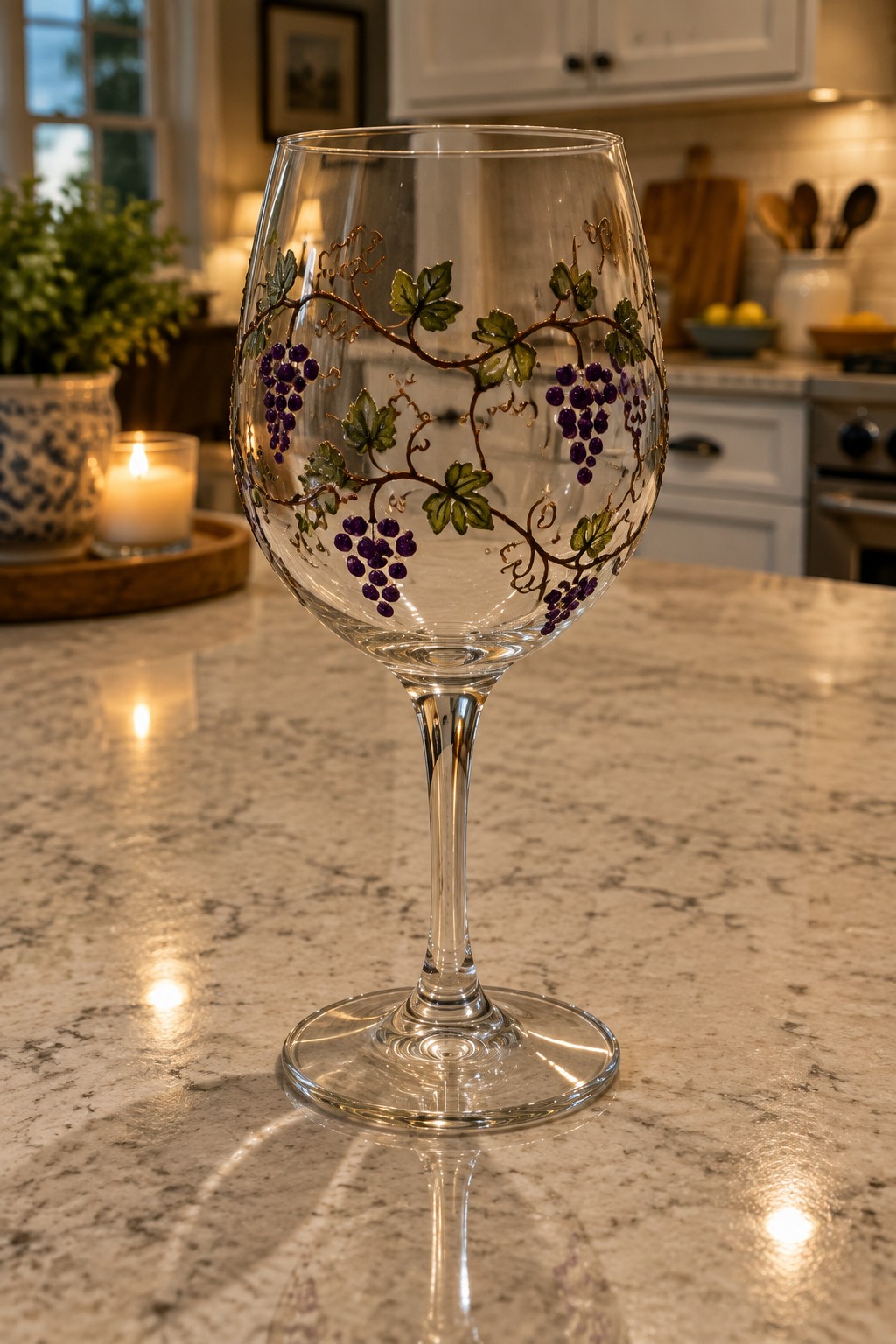 Painted wine glass with purple grapes and green leaves on marble kitchen counter