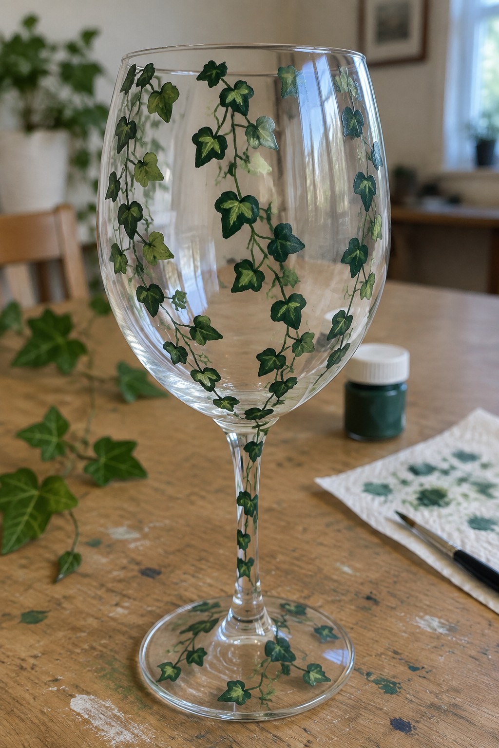 Hand-painted wine glass with green ivy vines on wooden table beside paint supplies