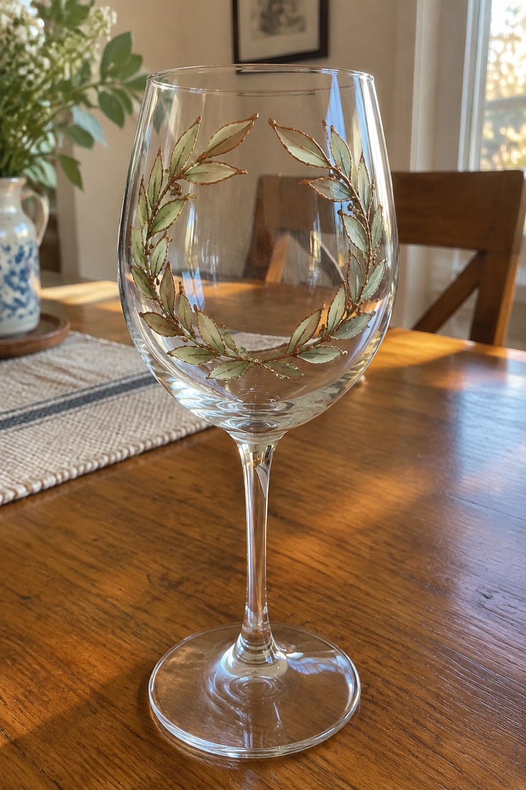 Clear wine glass with green and gold leaf wreath on wooden table
