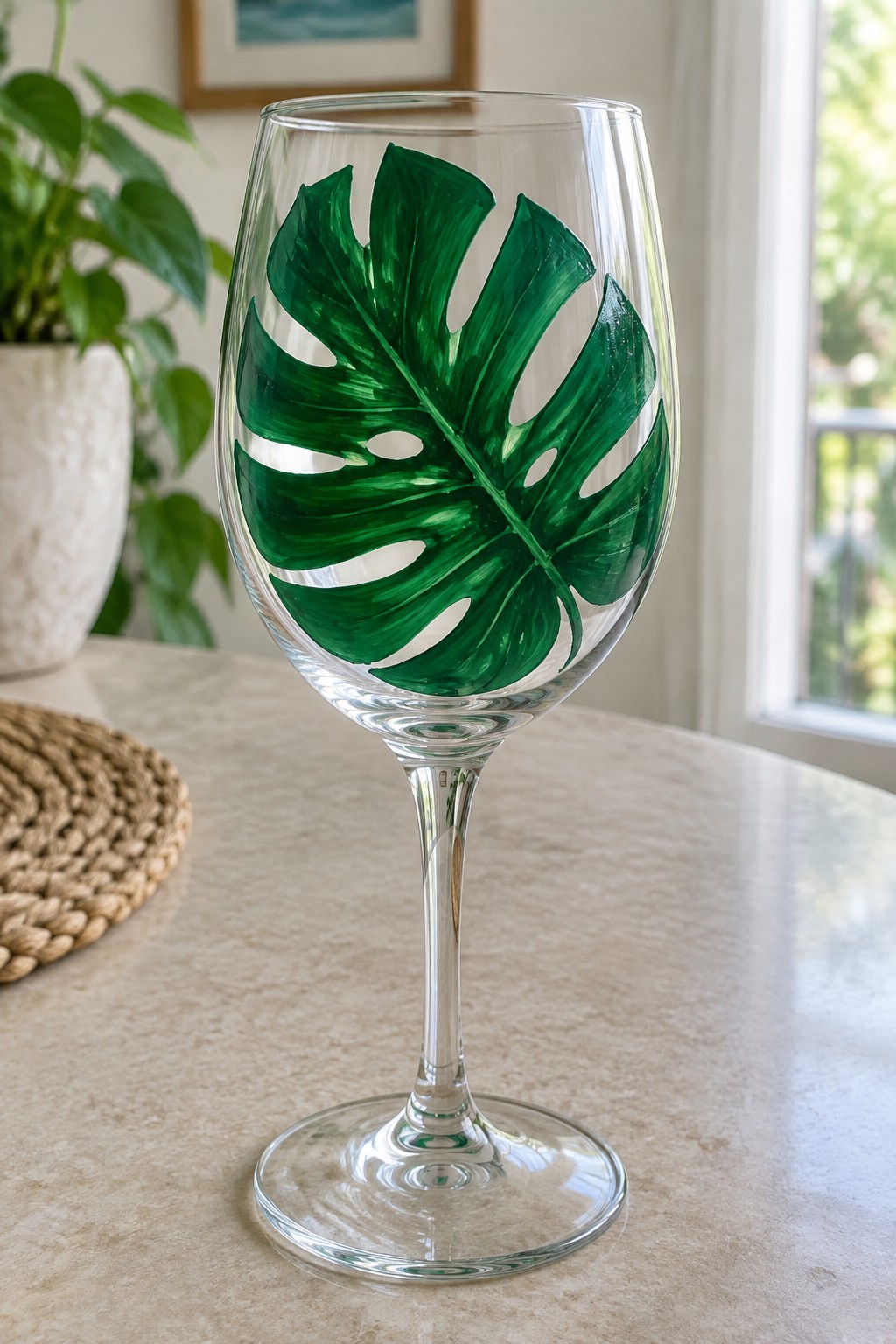 Clear wine glass with vibrant green hand-painted monstera leaf on marble table