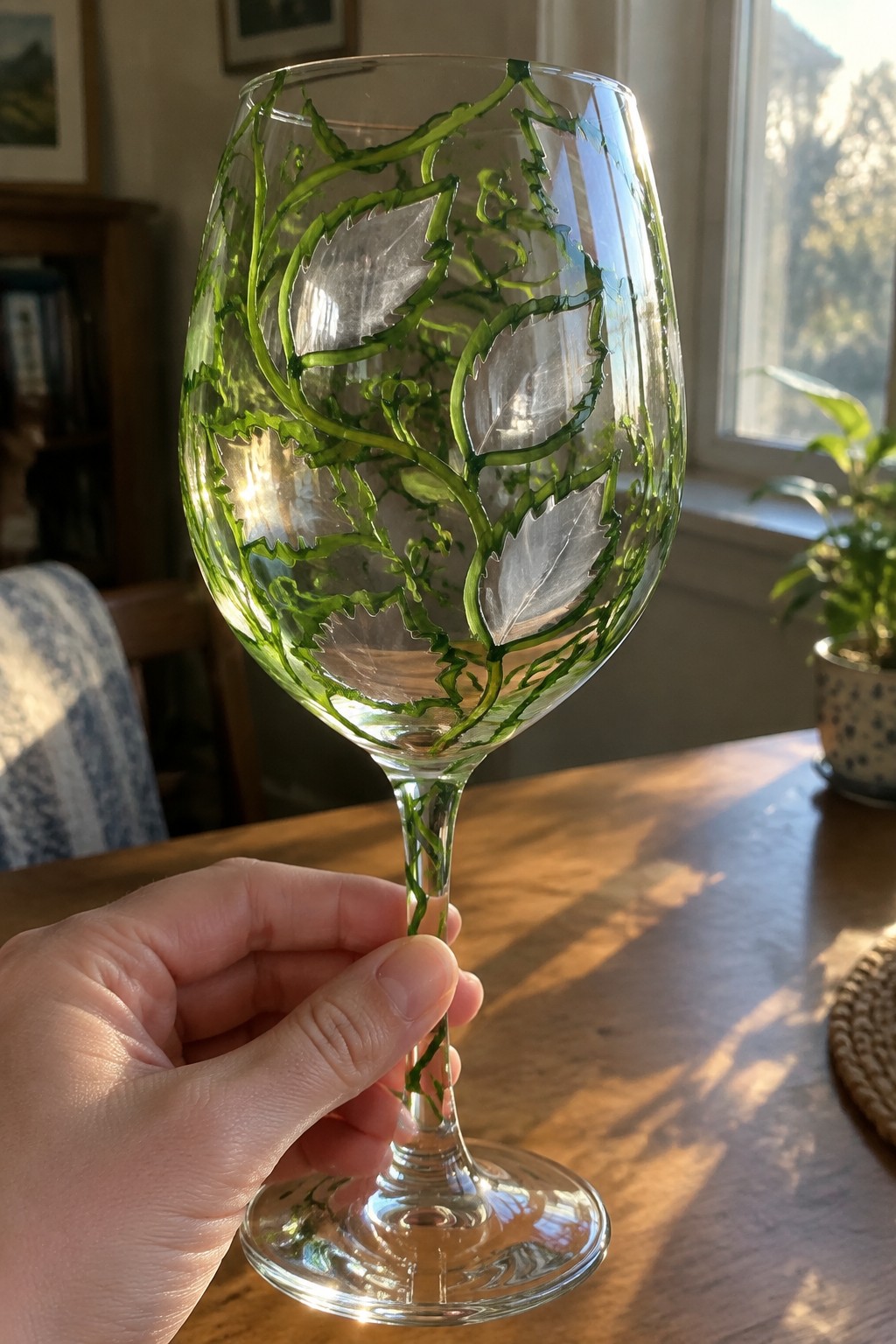 Hand holding wine glass with green vine and leaf designs in sunlight