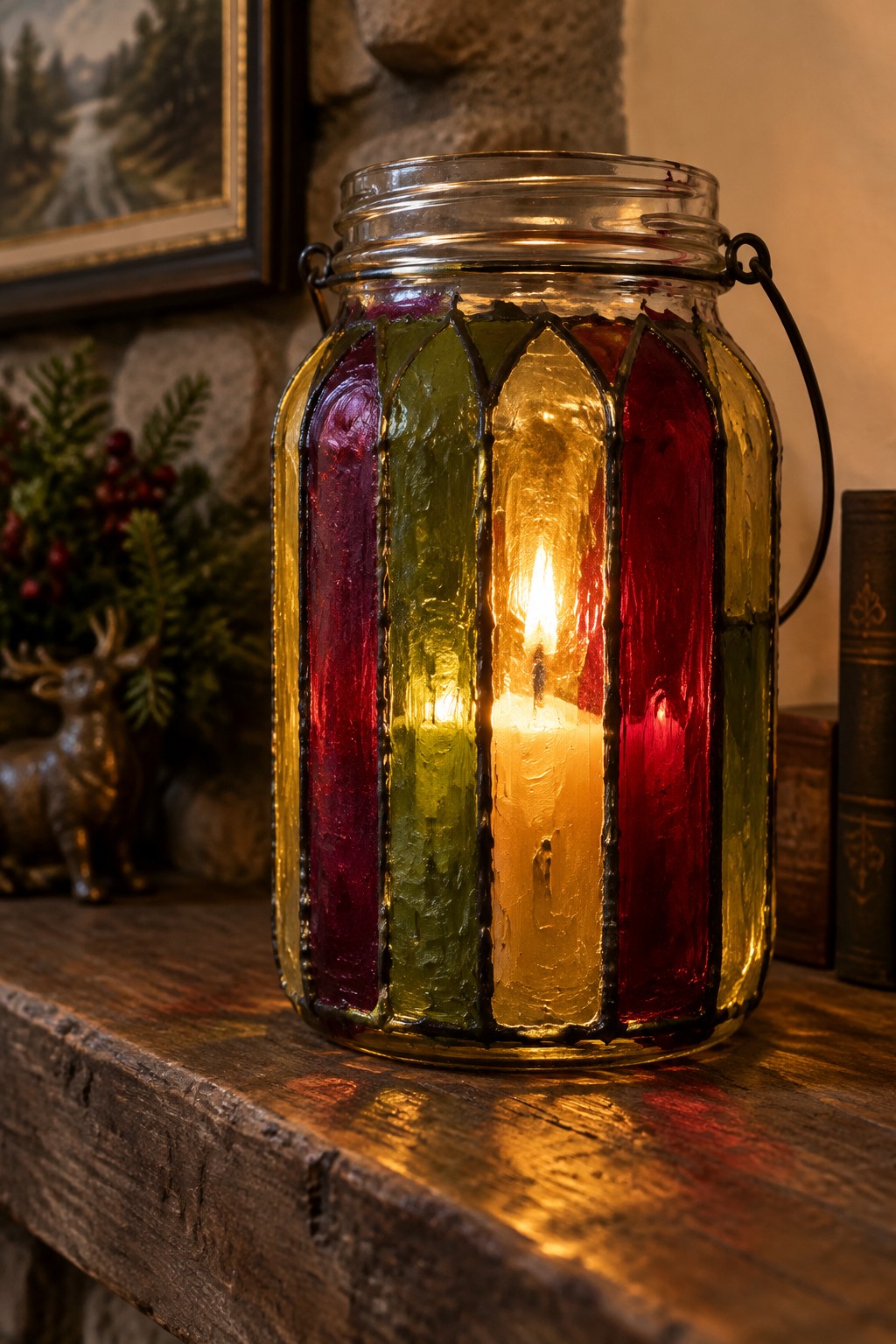Lit candle glowing in red-green-yellow stained glass jar lantern on wood shelf
