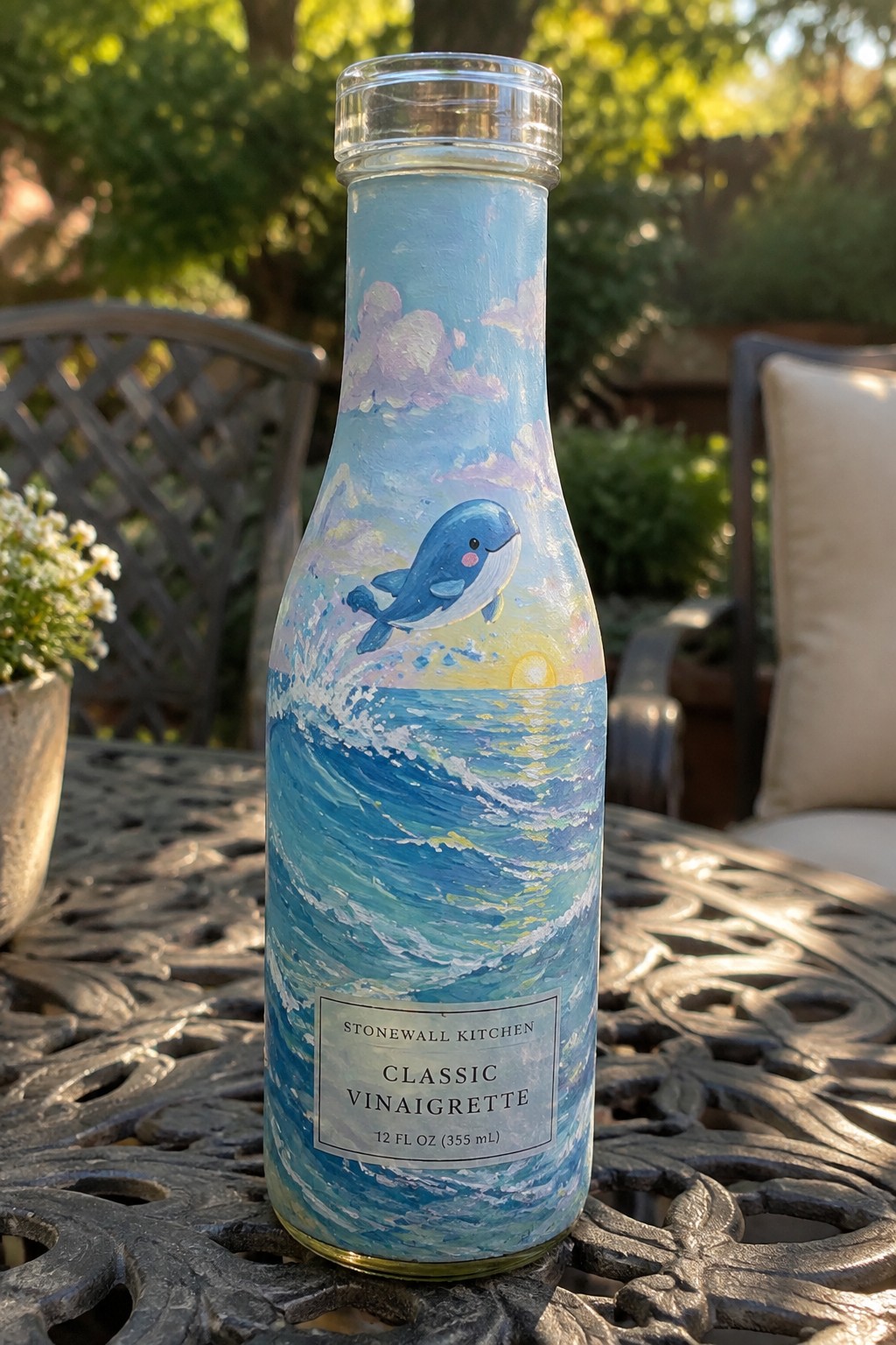 Painted blue vinaigrette bottle with leaping whale in ocean waves on metal table