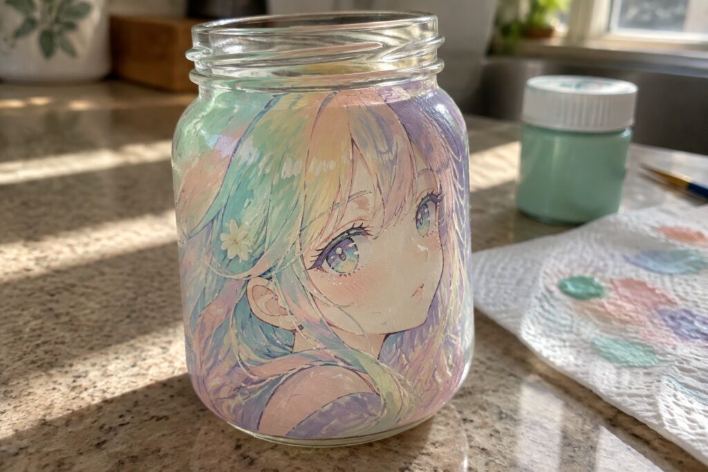 20 Aesthetic Anime Glass Painting Ideas Using Pastel Color Palettes Hand holding glass jar painted with colorful anime girl beside art supplies