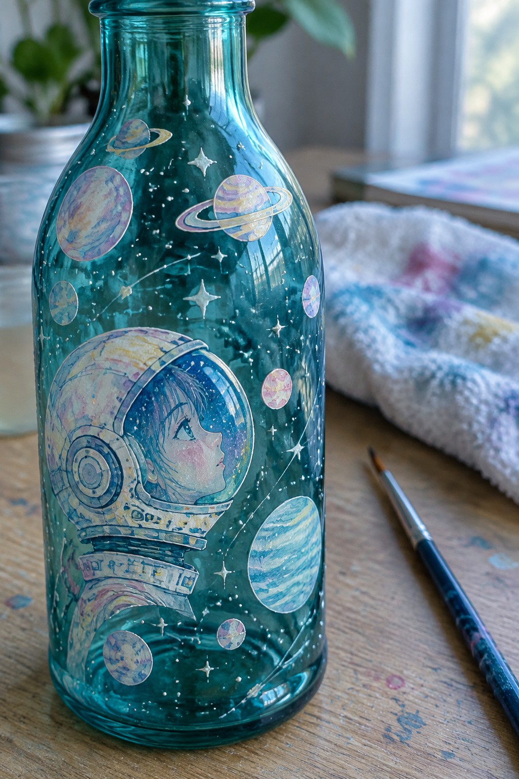 Teal glass bottle painted with astronaut girl helmet, planets, stars, and paintbrush on wood