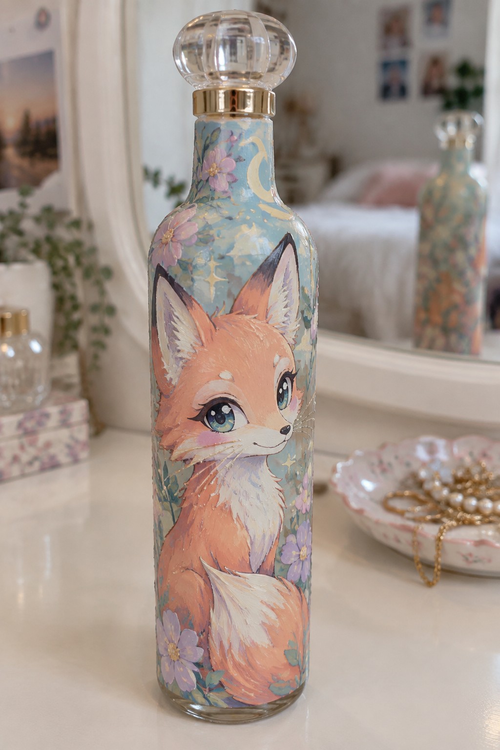 Decorative glass bottle with painted orange fox, flowers, moon, stars, and crystal stopper.