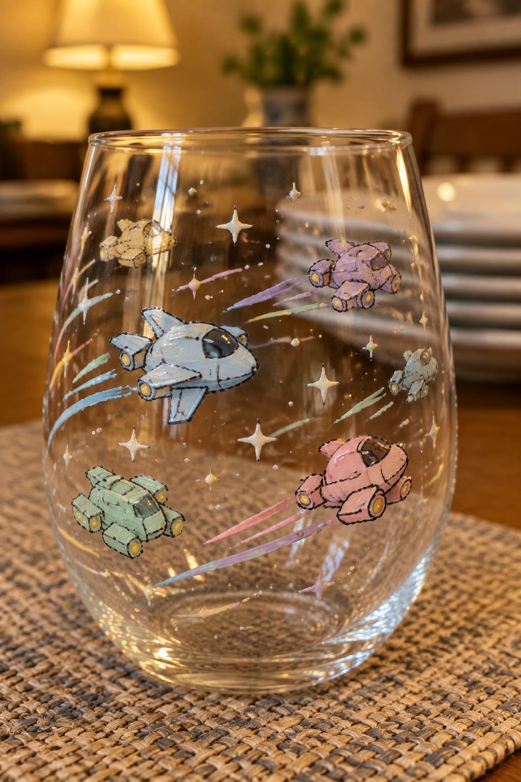 Clear glass tumbler hand-painted with colorful spaceships, stars, and glowing trails on woven mat.