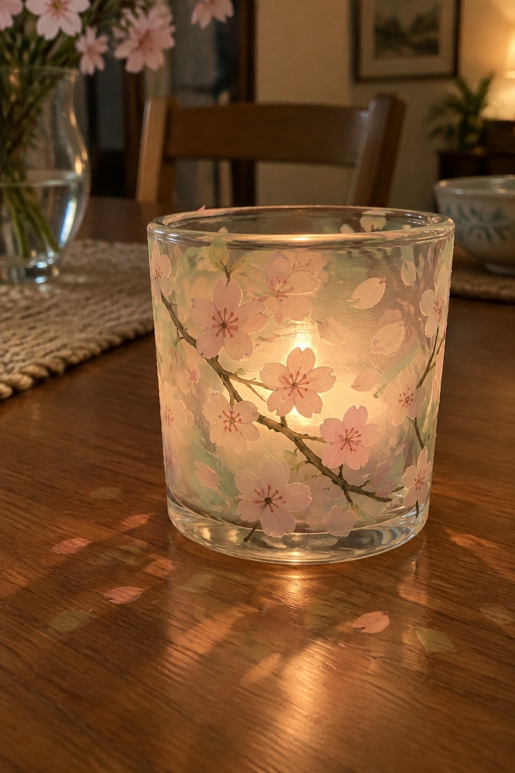 Lit candle glowing in glass holder painted with pink cherry blossoms on wooden table
