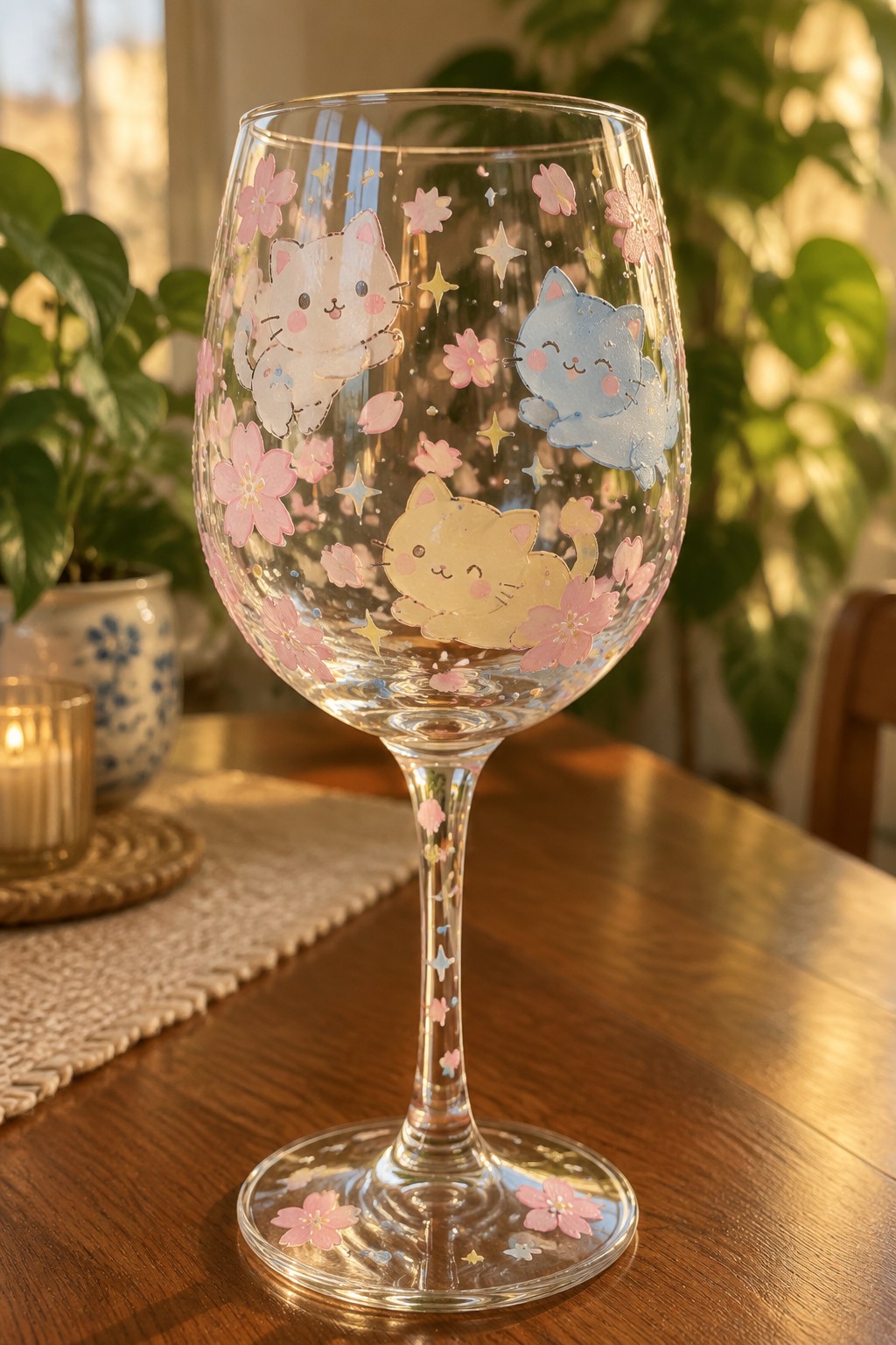 Tall wine glass with pastel cat decals, pink cherry blossoms, and stars on wooden table.