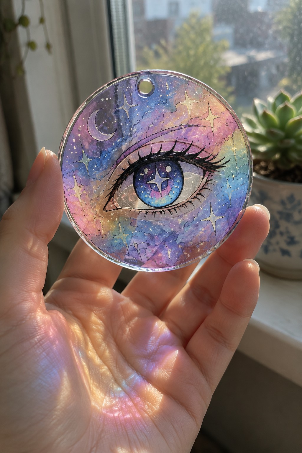 Hand holding round iridescent ornament with starry cosmic eye and galaxy hues