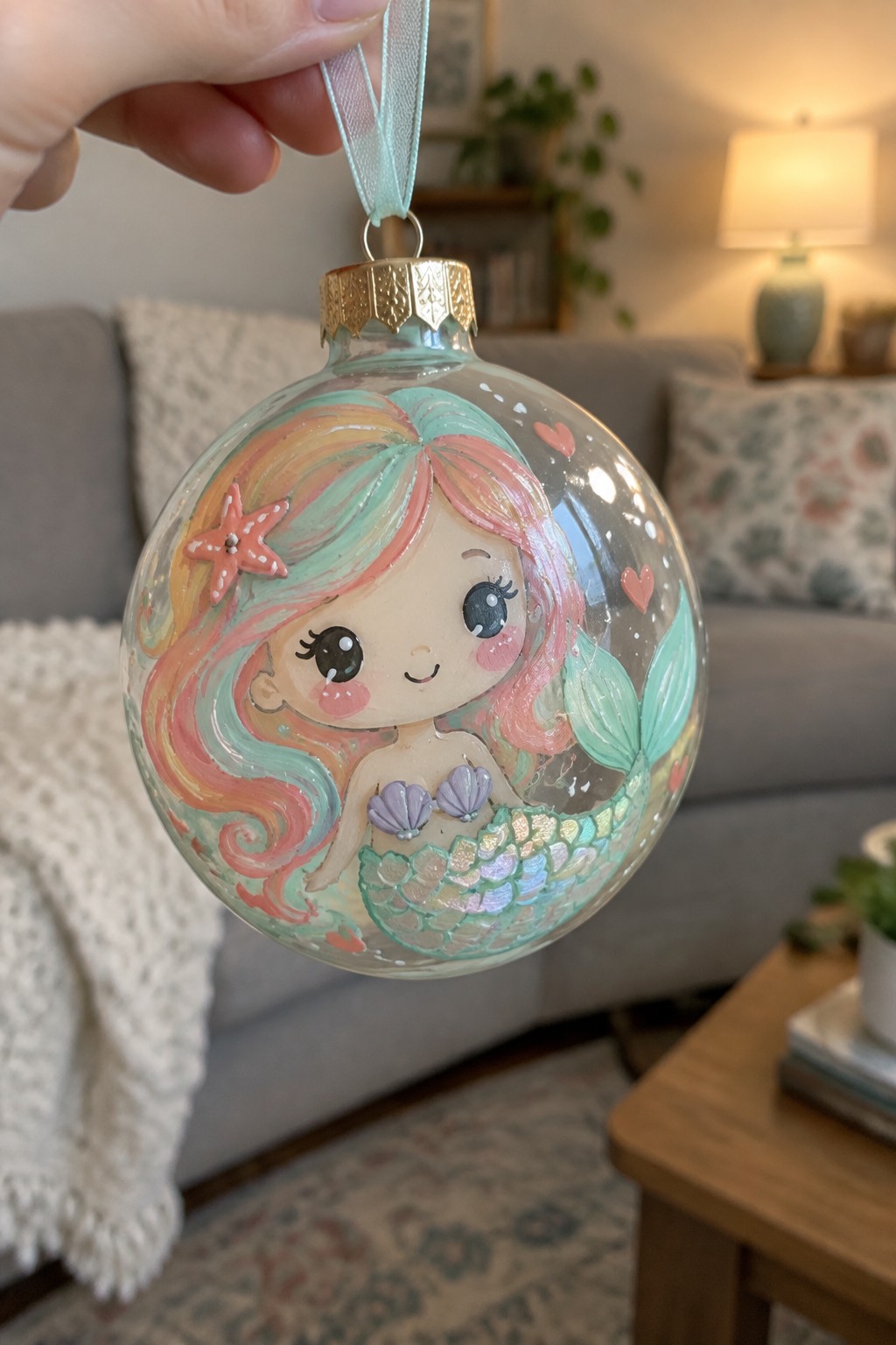 Hand holding glass ornament with painted mermaid, rainbow hair, starfish, and blue ribbon.