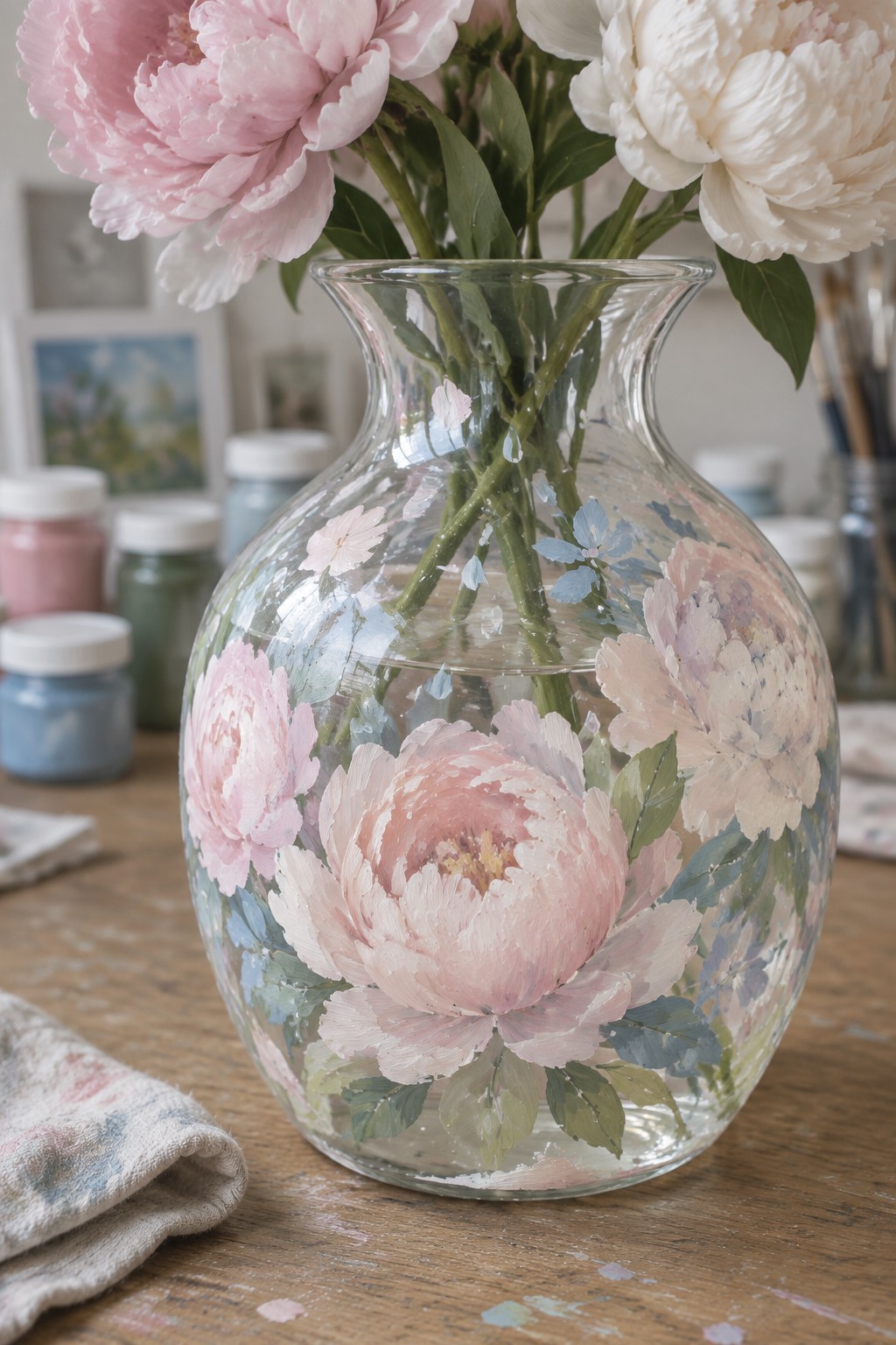 Painted glass vase holding pink and white peonies on wooden table with art supplies