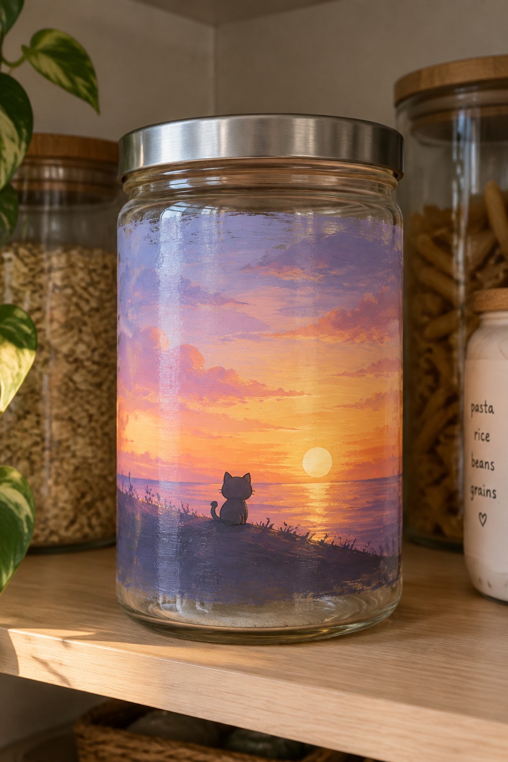 Glass jar hand-painted with vibrant sunset, ocean, and black cat silhouette