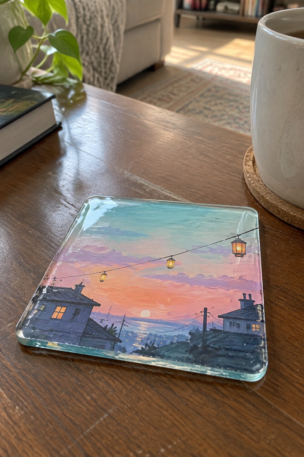 Glass coaster with vibrant sunset painting of houses, lanterns, and colorful sky on wood table