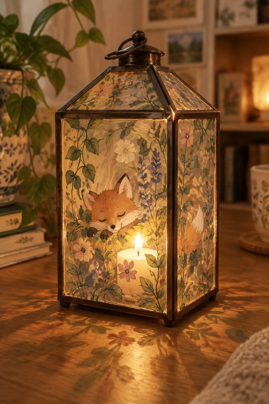 A lit glass lantern painted with a sleeping fox and flowers sits on a wooden table.