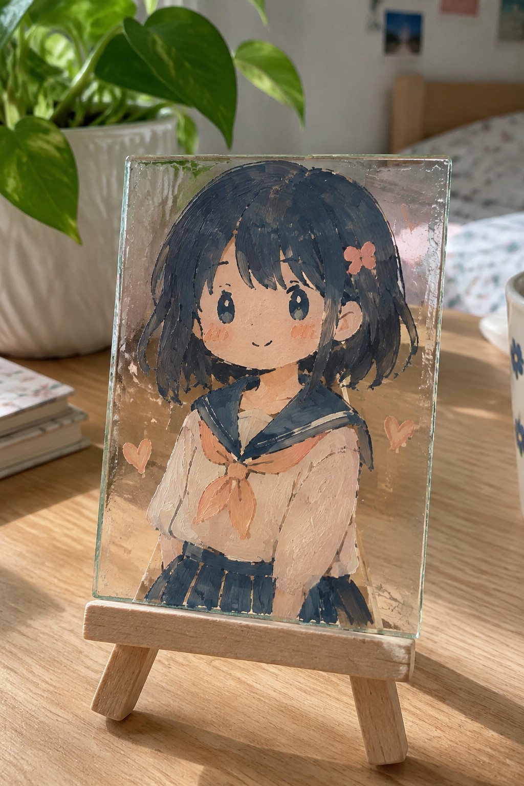 Anime girl in sailor uniform with pink hearts, painted on glass atop wooden easel