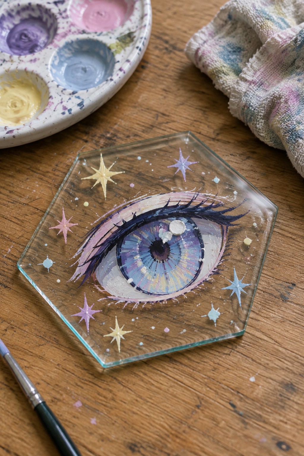 A hexagonal clear glass panel painted with a large anime-style eye in purple and blue tones, surrounded by colorful stars, sits on a wooden table next to a paint palette and brush.