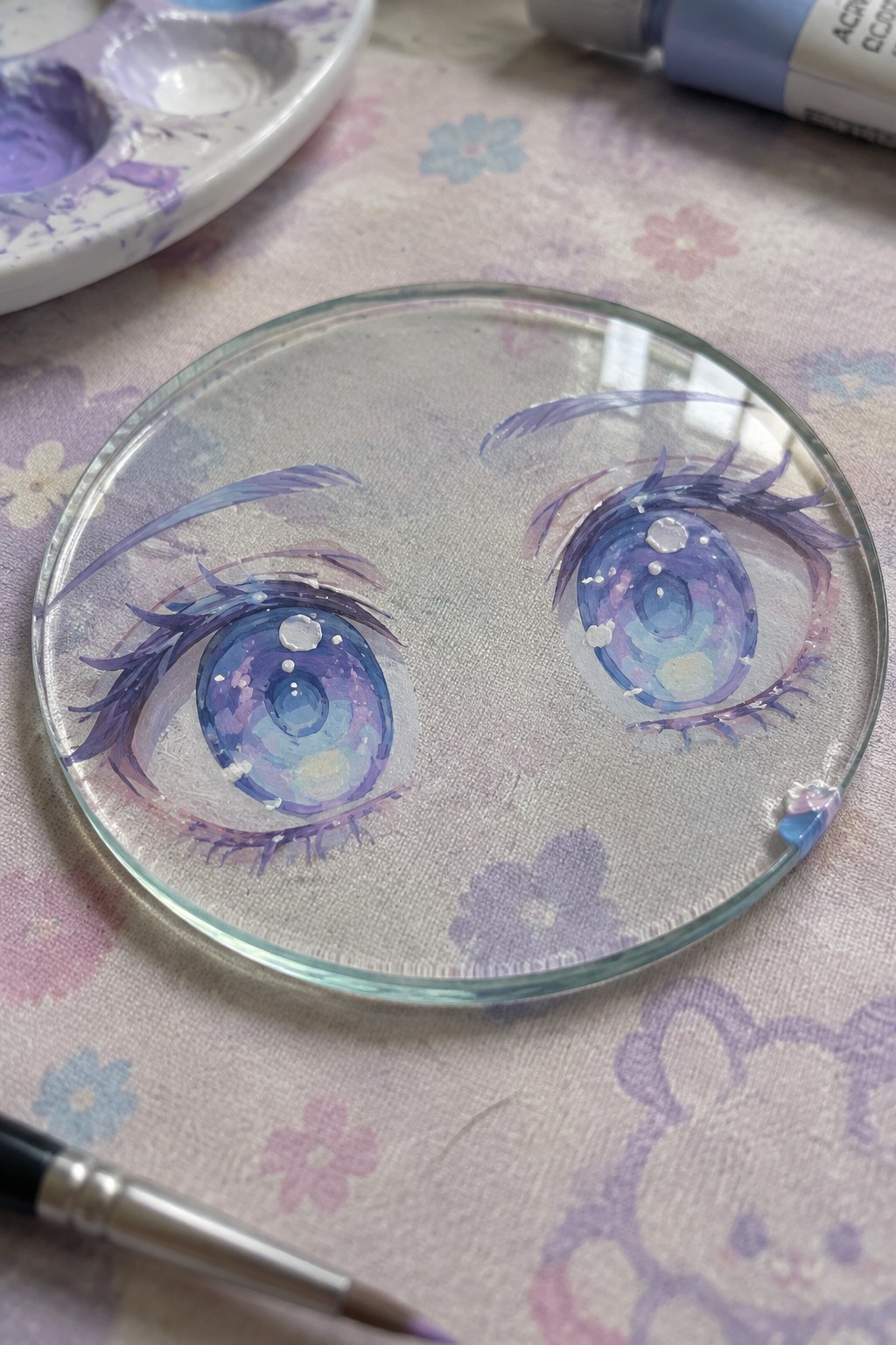 Anime-style blue-purple eyes with sparkles painted on clear round glass amid art supplies