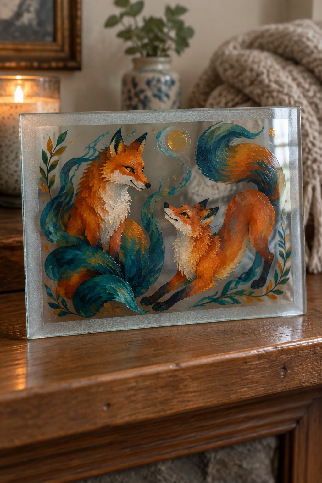 Two orange and teal anime-style foxes painted on a rectangular glass panel resting on a wooden table.