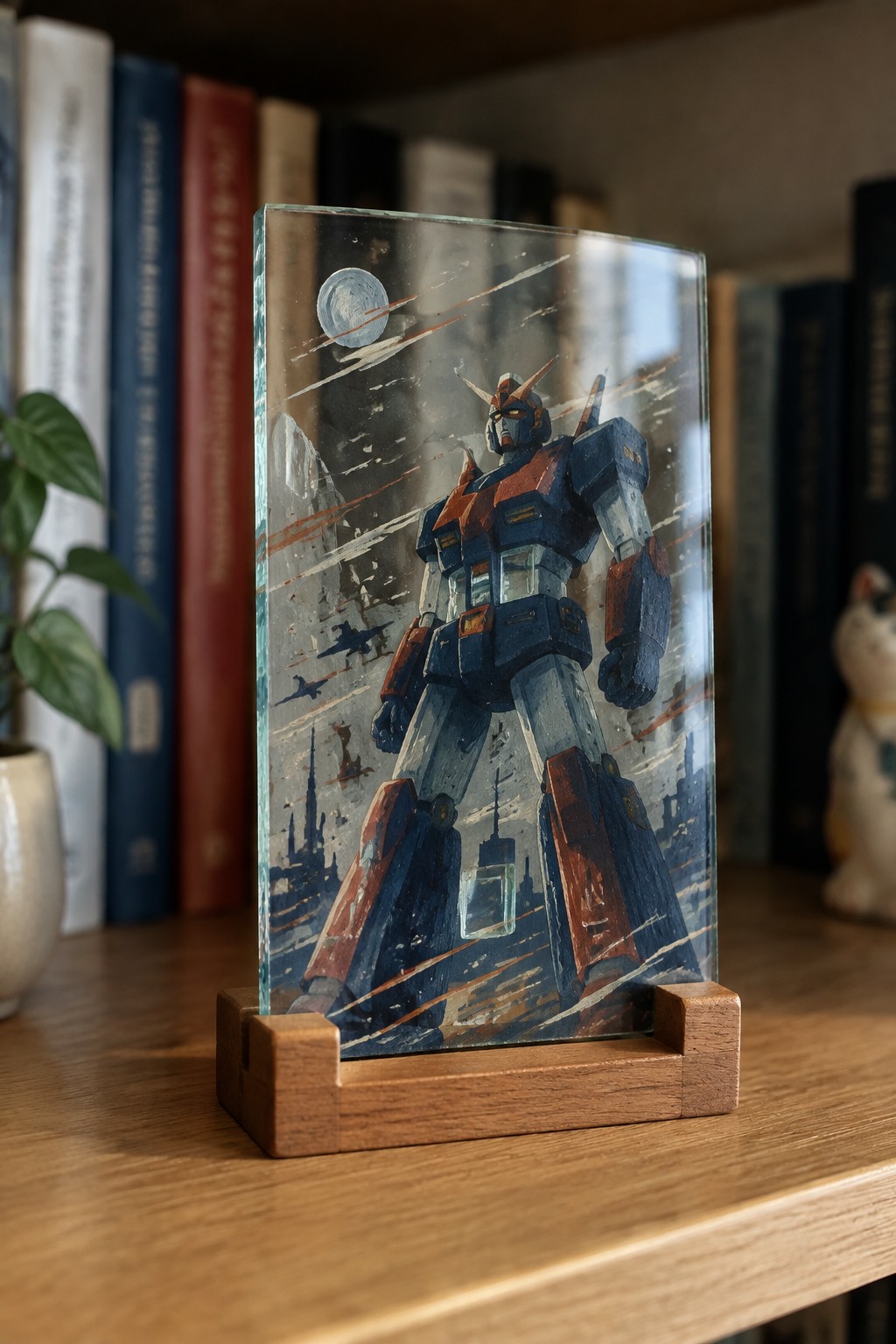 Glass plaque with blue-red Gundam mecha on wooden stand before bookshelves