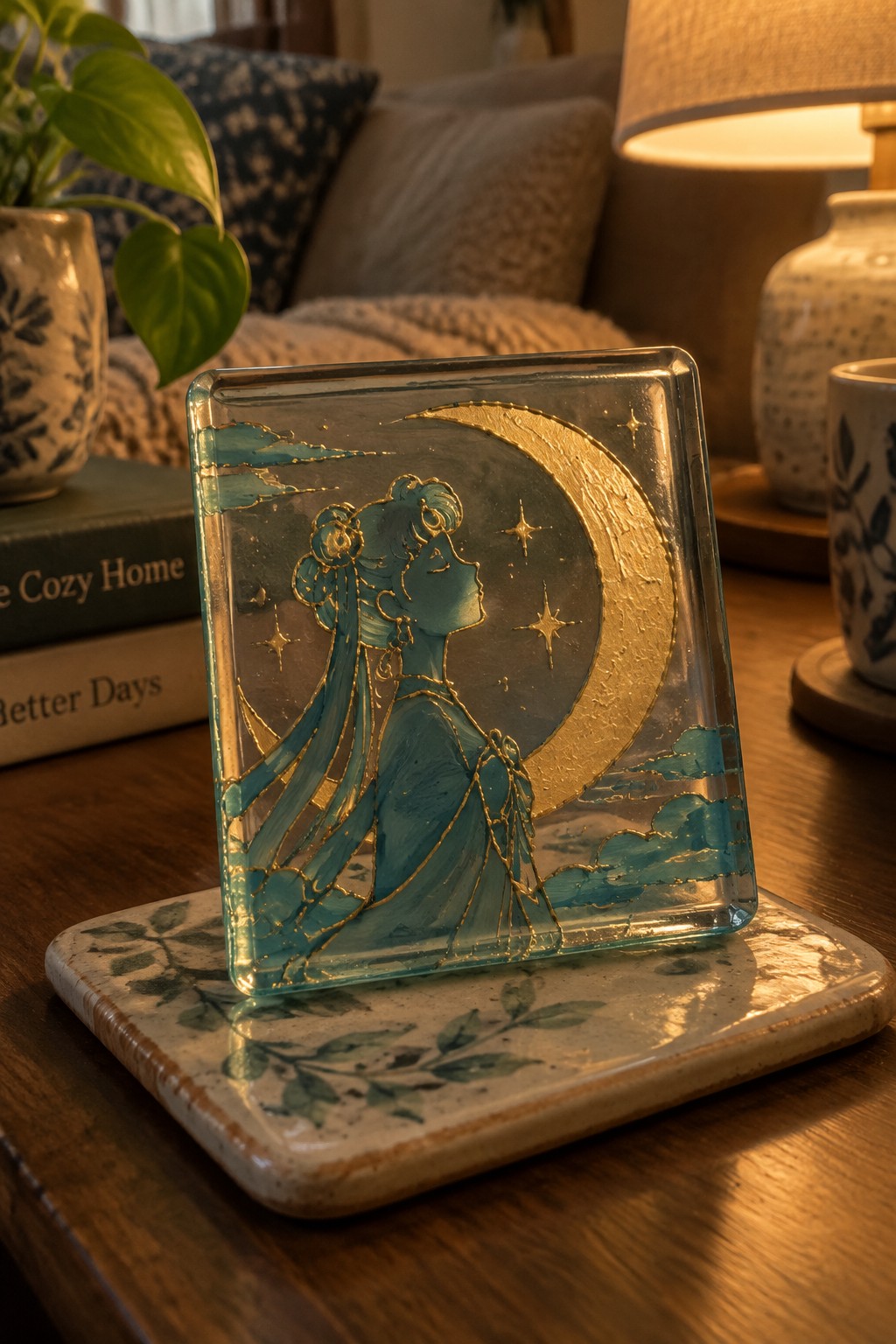 Glass art of woman in teal gown beside golden crescent moon on leaf coaster.