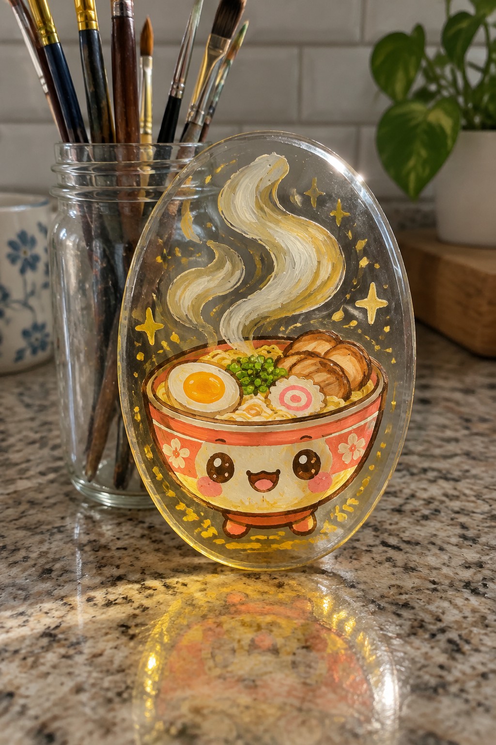 Cute kawaii ramen bowl with face painted on clear oval glass near brushes