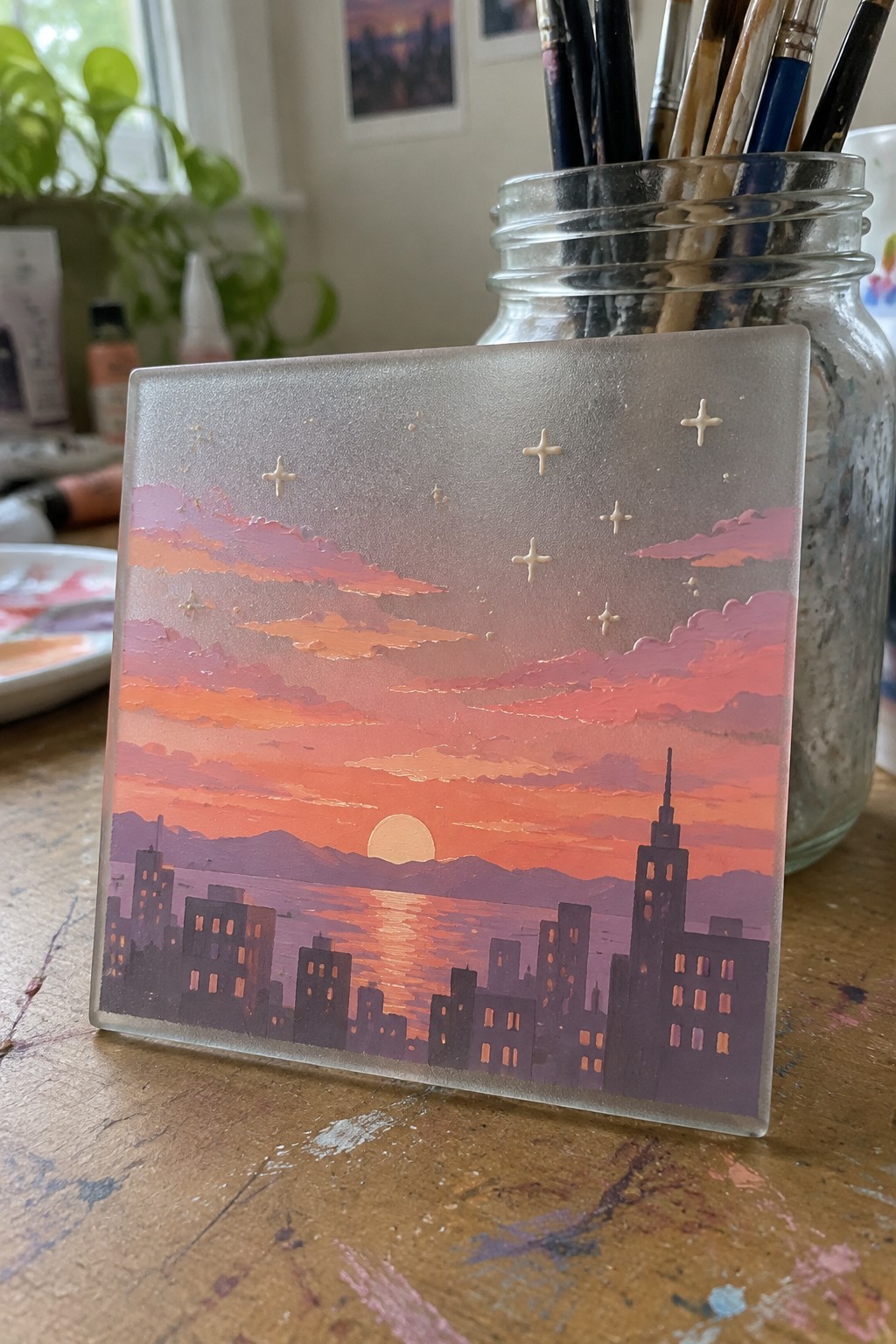 Frosted glass painting of pink-orange sunset cityscape with stars and lit buildings