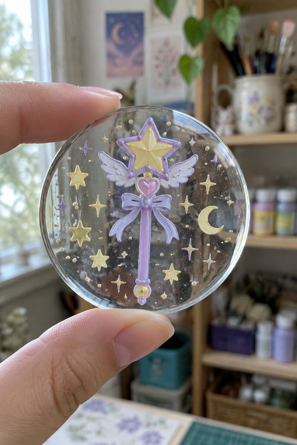 Hand holding clear resin circle with pastel purple winged star wand and stars