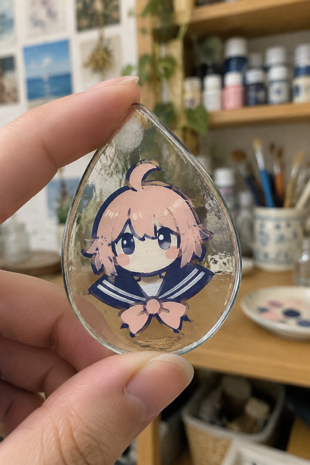 Hand holding teardrop glass pendant with pink-haired chibi in sailor uniform