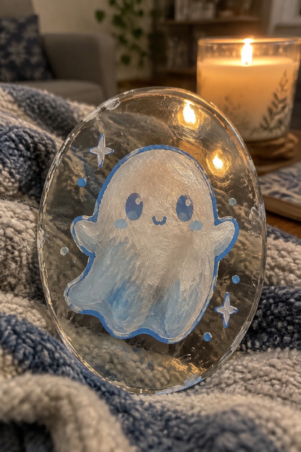 Cute ghost painted on round glass disc atop blue knitted blanket near lit candle.