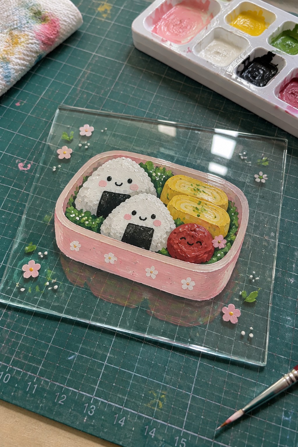 Kawaii pink bento with smiling onigiri and tamagoyaki on glass tray beside paints