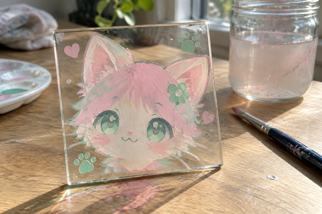 20 Beginner-Friendly Anime Glass Painting Projects for Small Glass Panels Cute pink cat painting on glass tile with palette, brush, and jar on wood