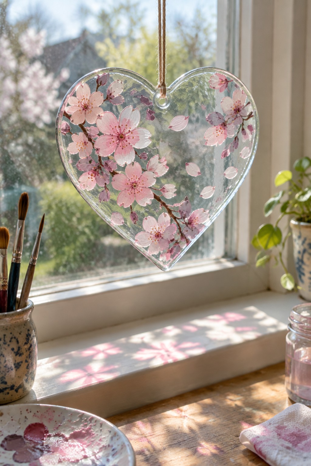 Glass heart suncatcher with pink cherry blossoms hanging before sunny window with art supplies