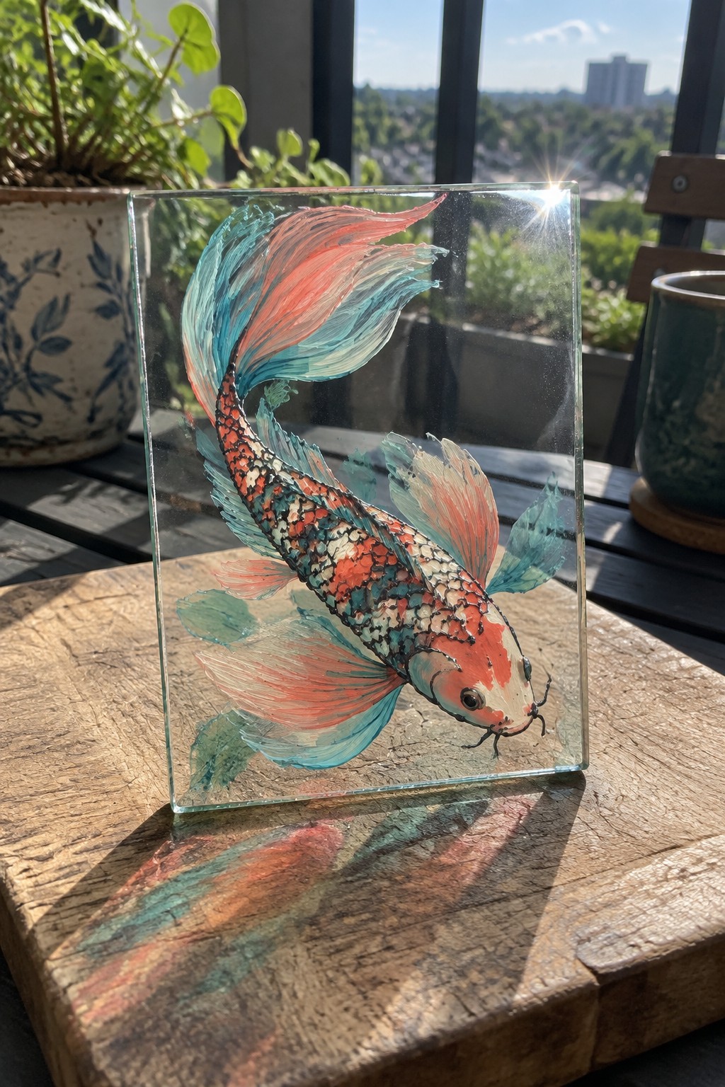 A rectangular clear glass panel painted with a red, orange, teal, and white koi fish sits on a wooden surface.