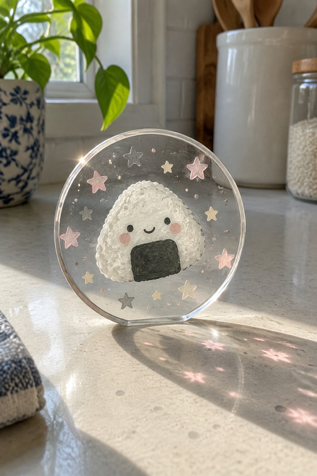 Cute onigiri with face on clear round stand surrounded by colorful stars