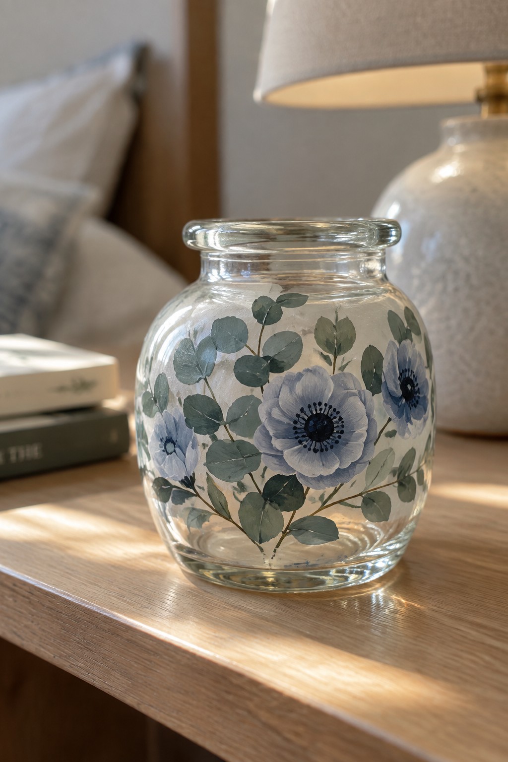 Glass vase with blue flowers and green leaves on wooden table