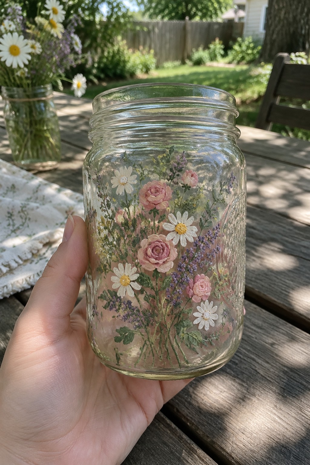 Hand holding glass mason jar decorated with pink roses, white daisies, and purple flowers