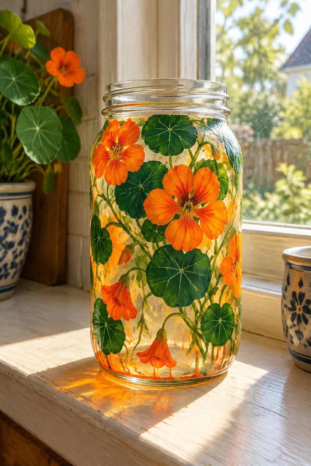 Sunlit glass jar painted with orange flowers and green leaves on windowsill
