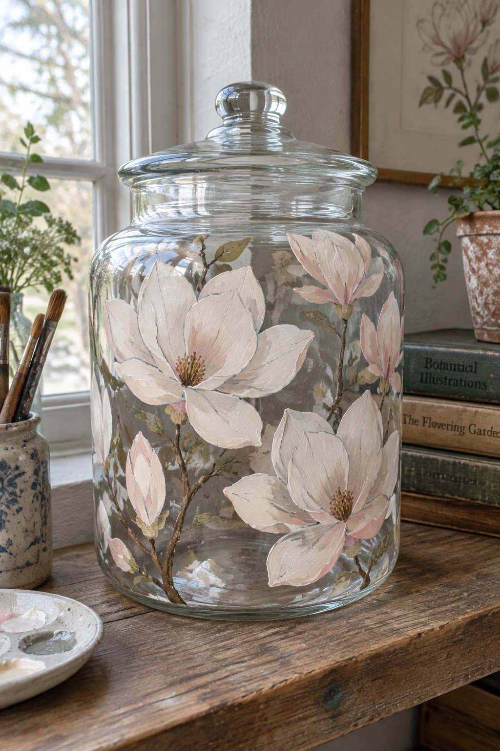 Glass jar painted with pink magnolias on wooden table beside art supplies