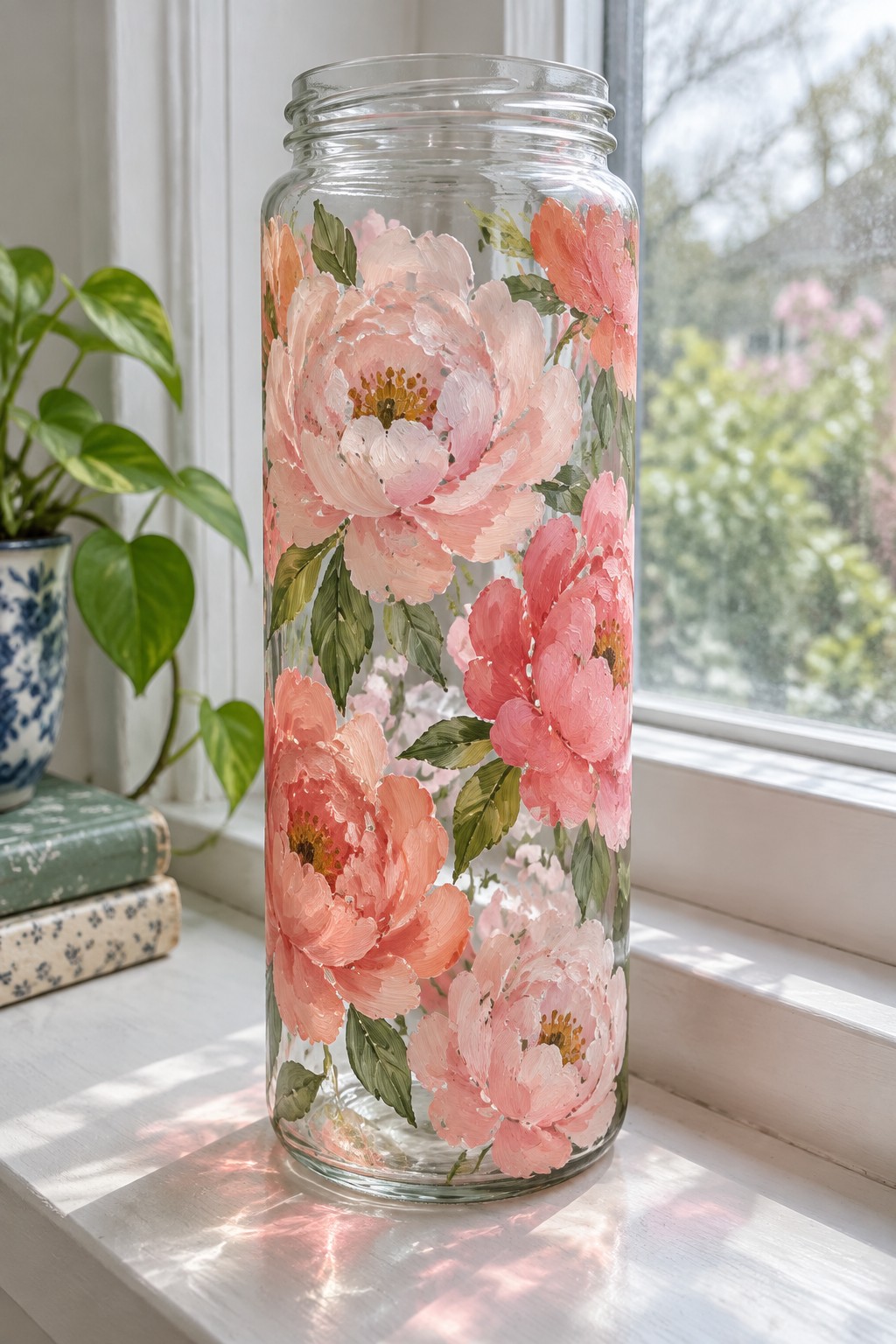 Tall glass jar hand-painted with pink peonies and leaves on sunny windowsill