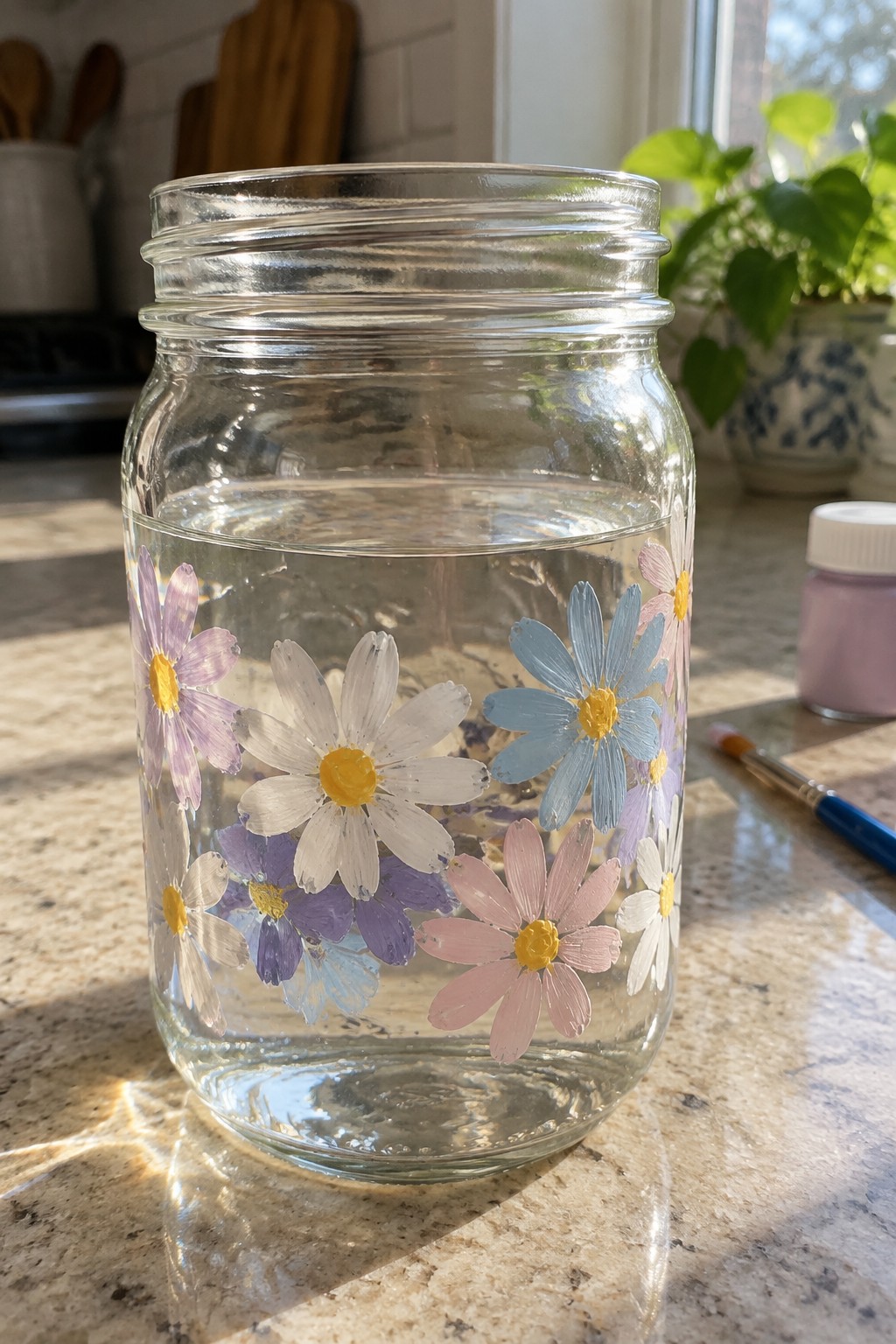 Glass jar with water and hand-painted colorful daisies on marble kitchen counter